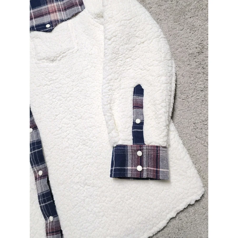 Wrangler Retro Western Plaid Sherpa‎ Shacket Jacket Womens XL White Pearl Snap